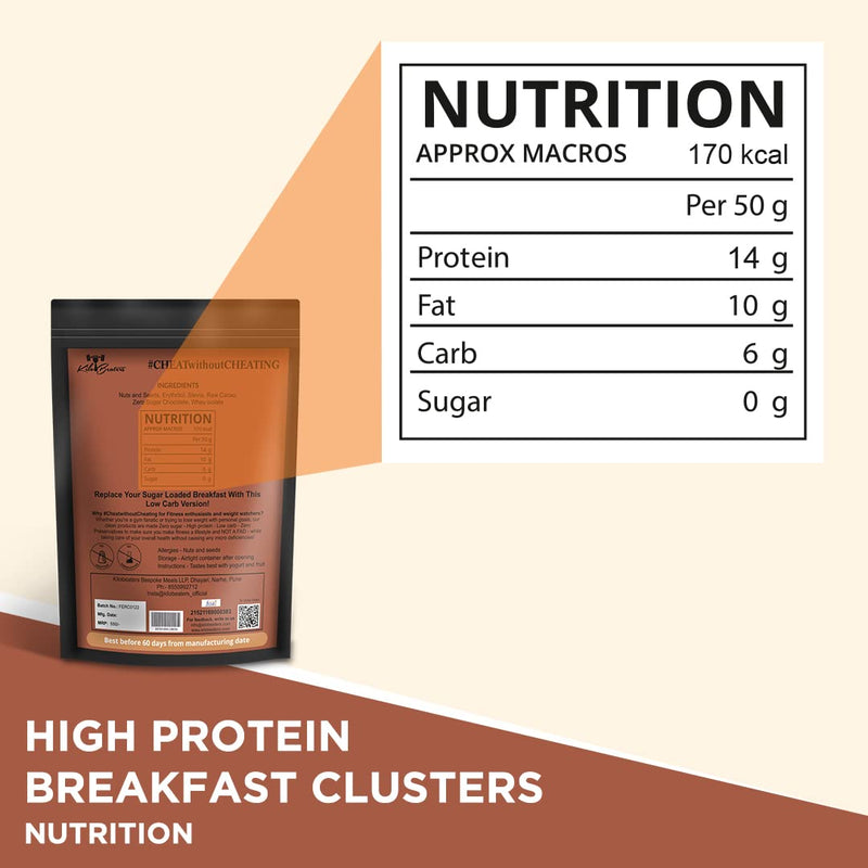 Kilobeaters Clusters Muesli, Low Carb Breakfast Cereals With High Protein, No Added Sugar, Diet Food, Raw Cacao (400 gm) Pack of 1