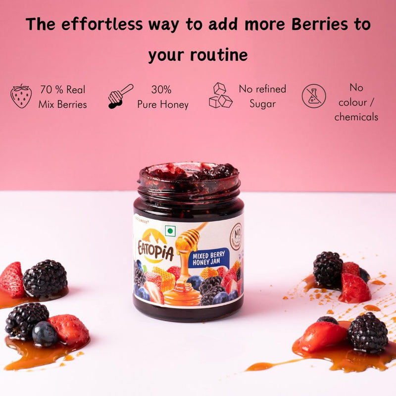 Eatopia Mixed Berry Sugar Free Honey Jam in Fresh with Strawberry, Mulberries & Blueberries | 100% Pure & Natural with No Artificial Chemicals/Preservatives | Healthy Good for Gut Health (240g)