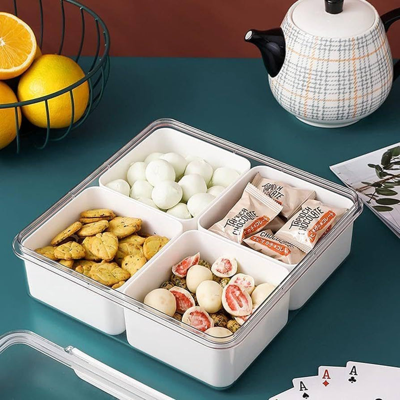 Bissell Storage Serving Trays for Divided Veggie Tray with Lid Sealed Sectioned Snack Serving Platter Storage with 4 Compartments Snackle Box (White)