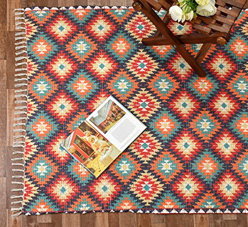 HOMA DORN Homadorn Handmade Sustainable Printed Modern Dhurrie/Rugs/Carpet Recycled Fabric for Living Room/Bedside Runner for Enhanced Decor (2 feet x 3 feet, Orange Geometric)