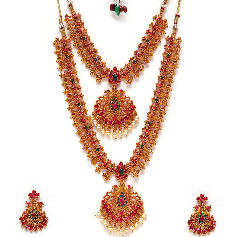 Estele Gold Plated Sublime Devotion Nakshi Antique Necklace Set with Colored Stones & Pearls for Women, Dull Gold