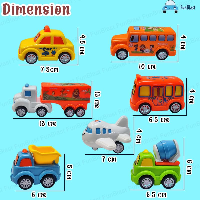 FunBlast Kids Pull Back Vehicles, Push and Go Crawling Toy Car for Kids & Children (Set of 7 Pcs) - Made in India - Multicolor