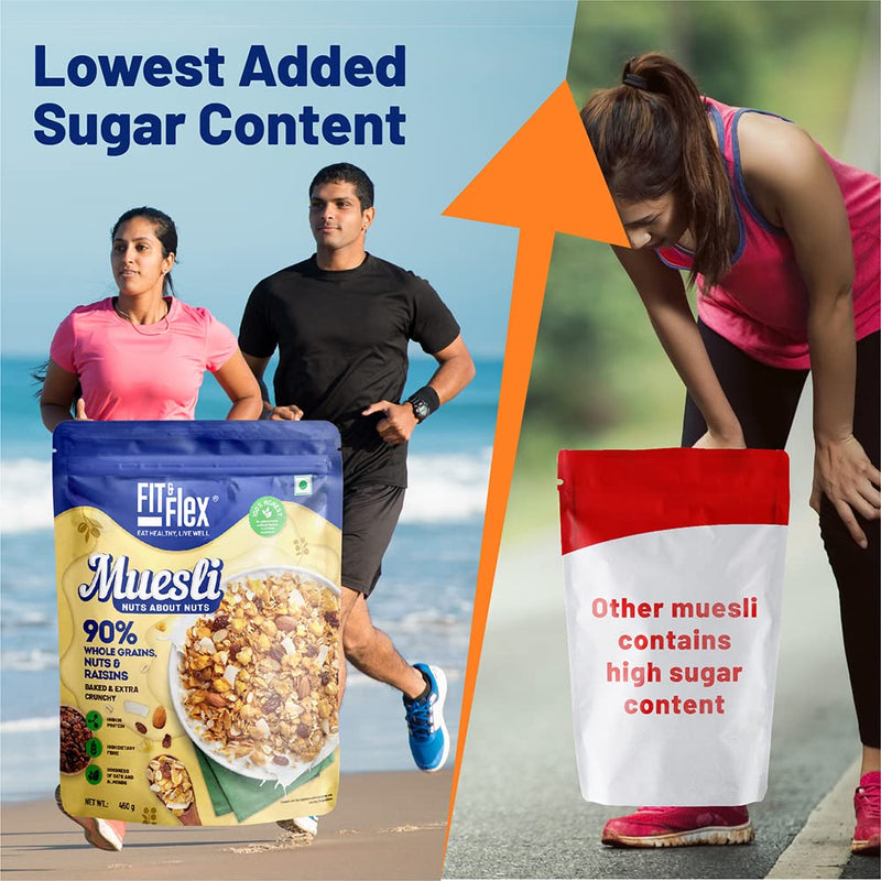 Fit & Flex Muesli Breakfast Baked and Crunchy Low Added Sugar Zero Cholesterol and Fibre Rich High In Protein Snacks Ready to Eat Healthy Oat Rich Cereal, Nuts About Nuts - Pack of 1, 450gm