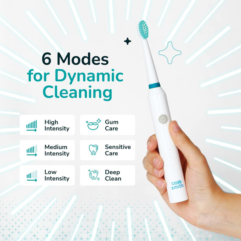 Caresmith Spark Rechargeable Electric Toothbrush | 6 Operating Modes | 40000 Vibrations per Minute | 2 Brush Heads (White)