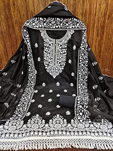 Sidhidata Women's Heavy Cotton Embroidery Work Unstitched Salwar Suit Dress Material With Chanderi Work Dupatta (Free Size) (Black)