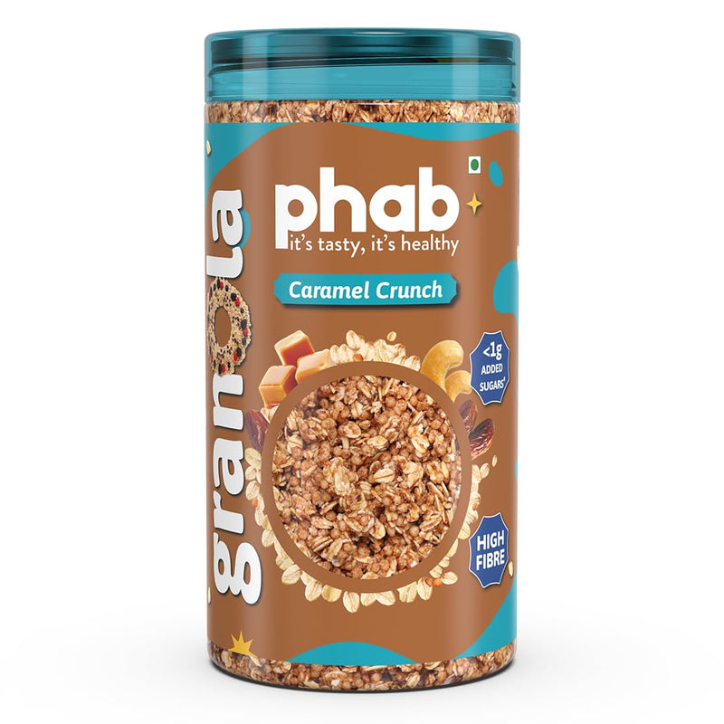 Phab - Crunchy Granola Cereals - Caramel Crunch 245g | Breakfast Superfood with High Fiber | 41% Oats | Butterscotch Nuts, Arabian Dates & Pre-Biotics