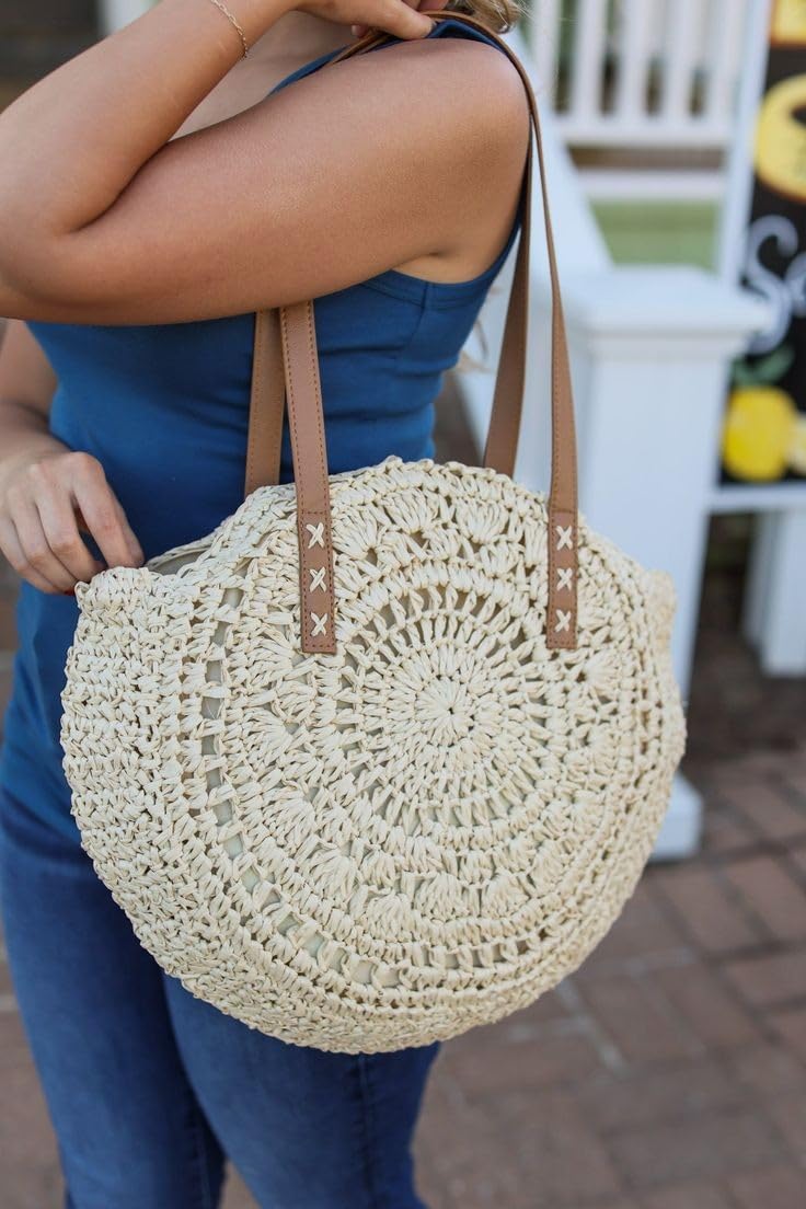 MAIRO LIFESTYLE Straw Wicker Handmade Boho Summer Beach Round Shoulder Bag (Beige - Flower)