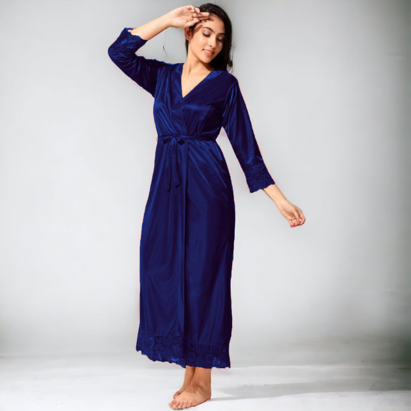 Siami Apparels Satin 2 PC Nighty/Night Wear Set with Robe | V- Neck | Solid/Plain | Attractive & Stylish | for Women, Girlfriend, Wife (Free Size, Navy)