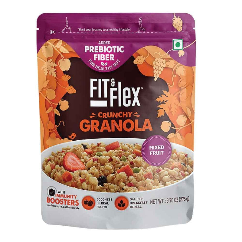 Fit & Flex Baked Granola | Mixed Fruit | Oat Rich Cereal with Real Freeze Dried Fruits | Ready to Eat Healthy Breakfast Food | Cholesterol Free with Immunity Boosters - 275 GM