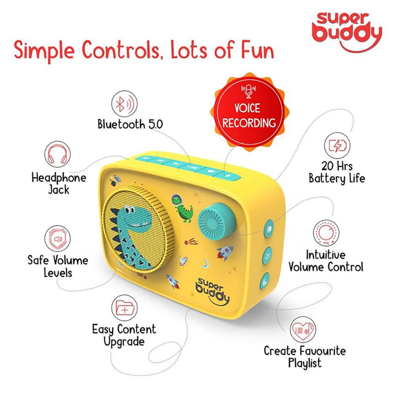 SuperBuddy Curio (Dino) Kids Speaker- 900+ Stories, Rhymes, Audiobooks- Electronic Educational and Learning Toy with Voice Recording, Bluetooth and USB, Birthday Gift for Kids Boys and Girls Age 3+