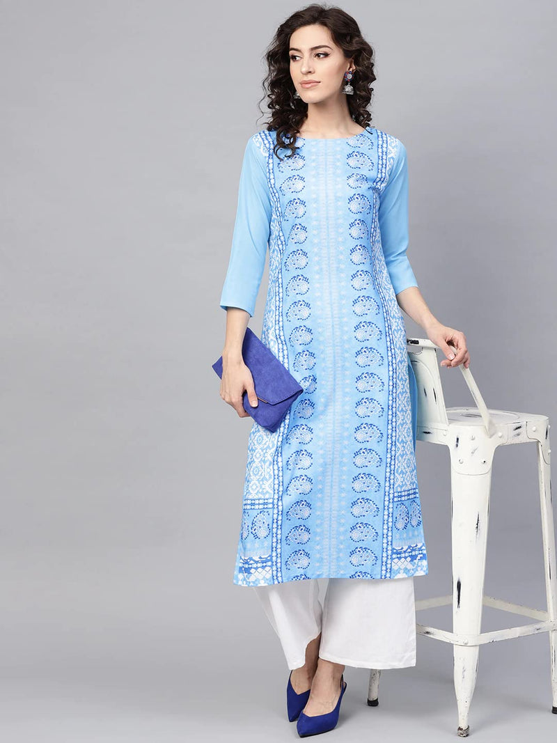 Vaamsi Women's Crepe Ethnic Motifs Printed Straight Kurta (VPK1704_Blue_L)