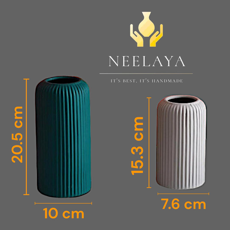 NEELAYA Premium Ribbed Ceramic Flower Vase for Living Room - Decorative Showpiece Plant Vases for Home Decor, Bedroom, Gift - Matte Finish - Set of 2 (Green - 20.5 cm & Grey -15.3 cm)