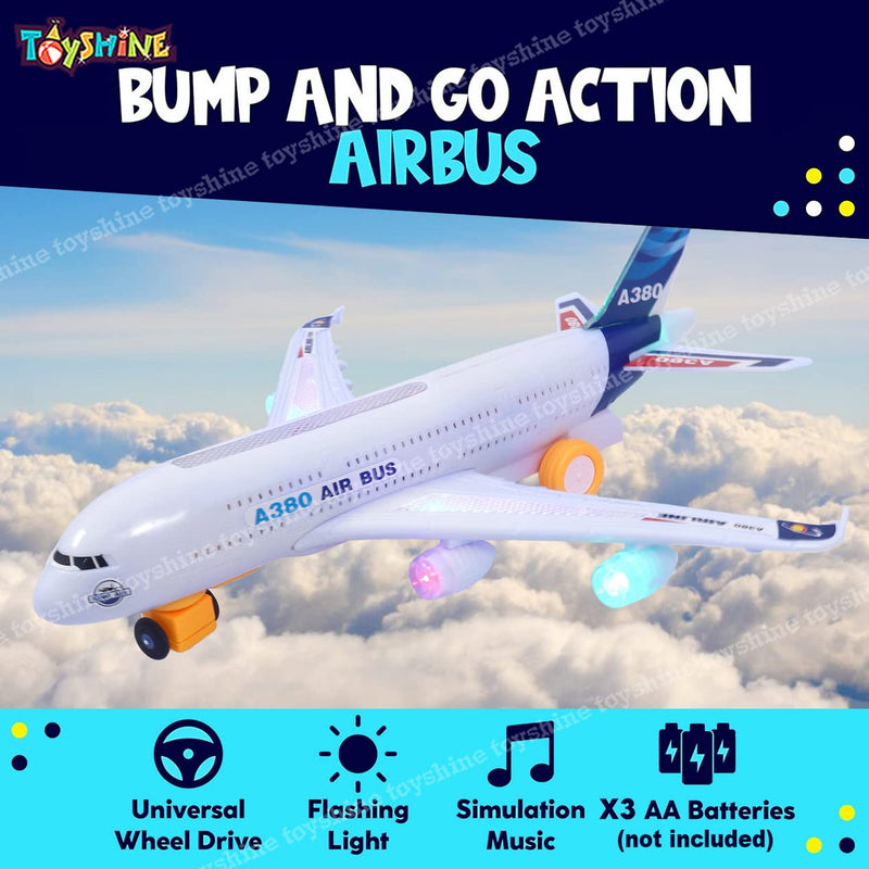 Toyshine Airplane Toys for Kids, Bump and Go Action, Toddler Toy Plane with LED Flashing Lights and Sounds for Boys & Girls 3-12 Years Old (A380)- Mix Design