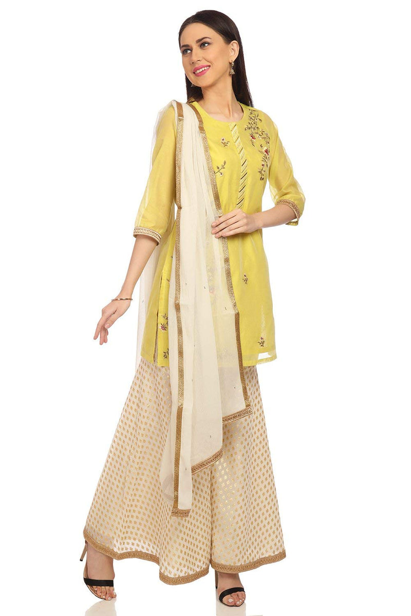 BIBA Women's Lime Green Straight Poly Cotton Kurta Garara Suit Set