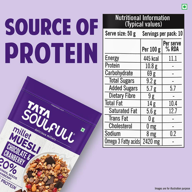 Tata Soulfull Millet Muesli | Chocolate & Cranberry | 20% Almonds, Seeds & Cranberry | Dark Chocolate | High in Protein | 500g