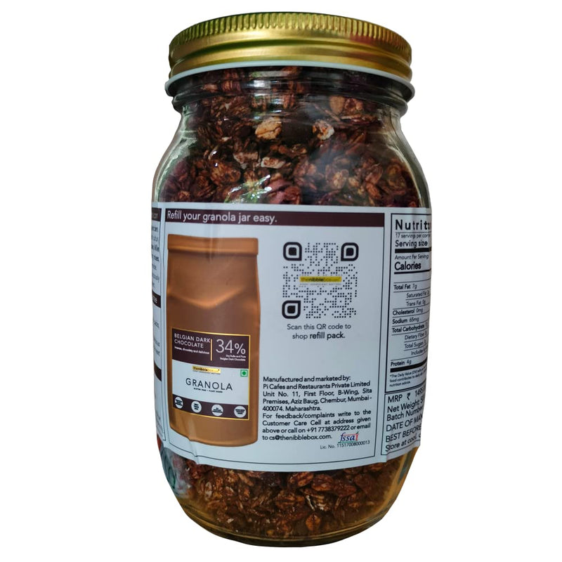 thenibblebox Belgian Dark Chocolate Granola 500g, Jar [34% dry fruits, Gluten free, Plant based/Vegan friendly, No preservatives/additives]