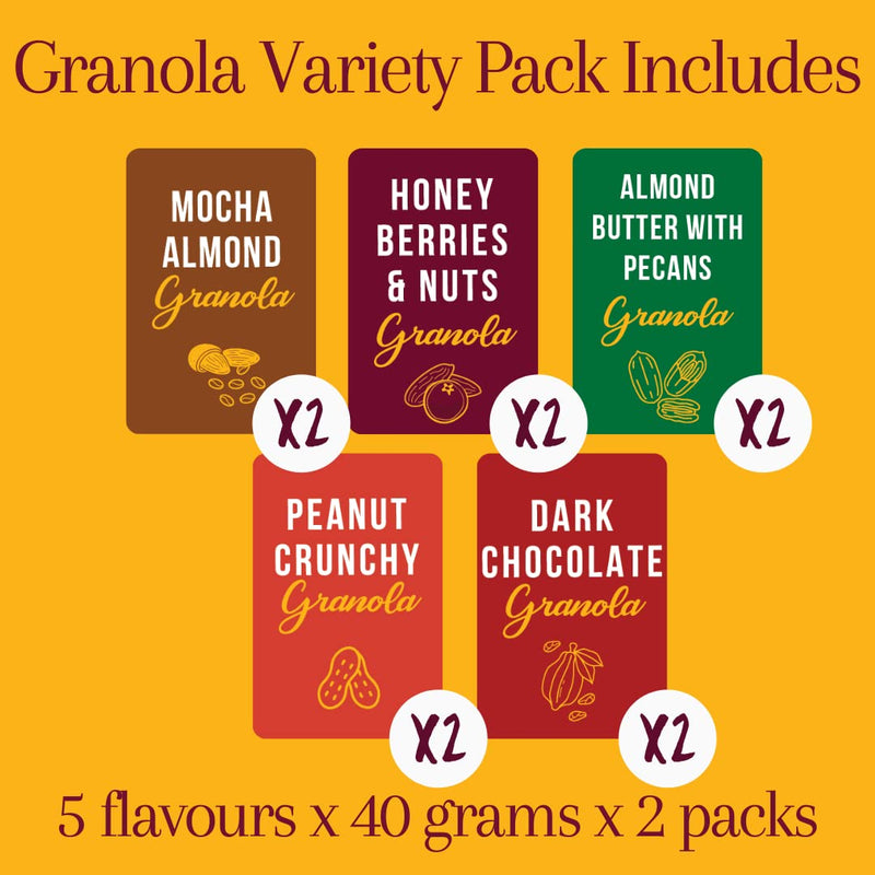 SnacQ Granola Assorted Sampler Pack – 40 Grams (Pack of 10) | Tasty Healthy Breakfast Granola and Snack | Protein Rich Granola | No Added Sugar, No Oil, No Preservatives | 5 Exciting and Unique Granola Flavours