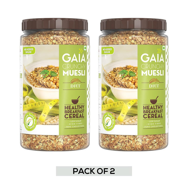 Gaia Diet Muesli - Healhty Diet Food - Power of Multigrain Oats,Wheat Flakes,High Fiber - Super Tasty and Delicious - Sugar Free Breakfast Cereal 1KG Jar(Pack of 2)