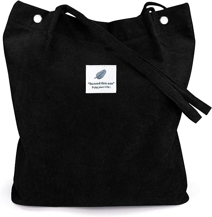 Kawn® Women Corduroy Tote Bag Canvas Shoulder Cord Purse Reusable Shopping Bag Grocery Bag Large Capacity Washable Handbag Girls Shoulder Bag with Inner Pocket For Daily Use Work Travel (Black)