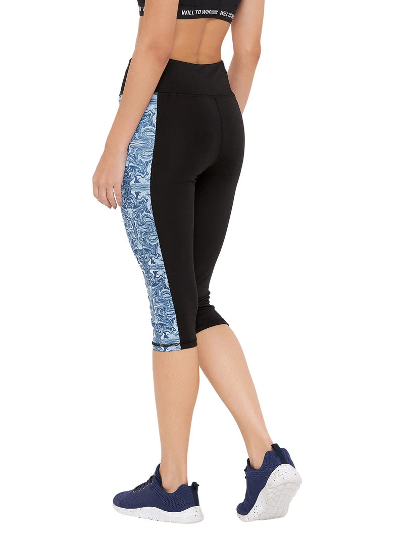 Clovia Women's Snug Fit High-Rise Active Capri with Marble Print Panels (AB0094A13_Black_M)