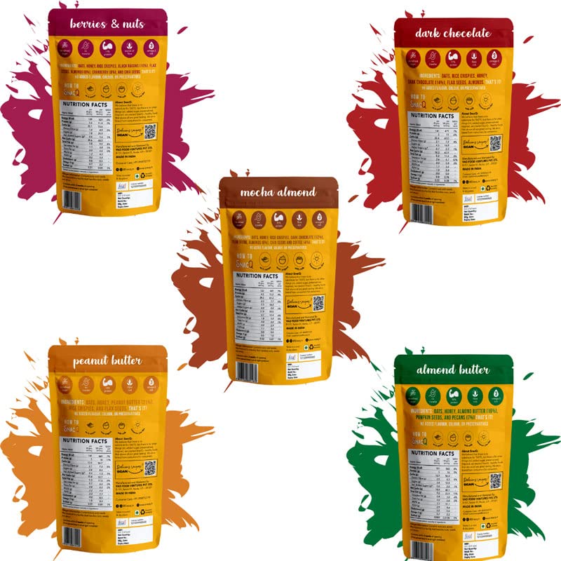 SnacQ Granola Assorted Sampler Pack – 40 Grams (Pack of 10) | Tasty Healthy Breakfast Granola and Snack | Protein Rich Granola | No Added Sugar, No Oil, No Preservatives | 5 Exciting and Unique Granola Flavours