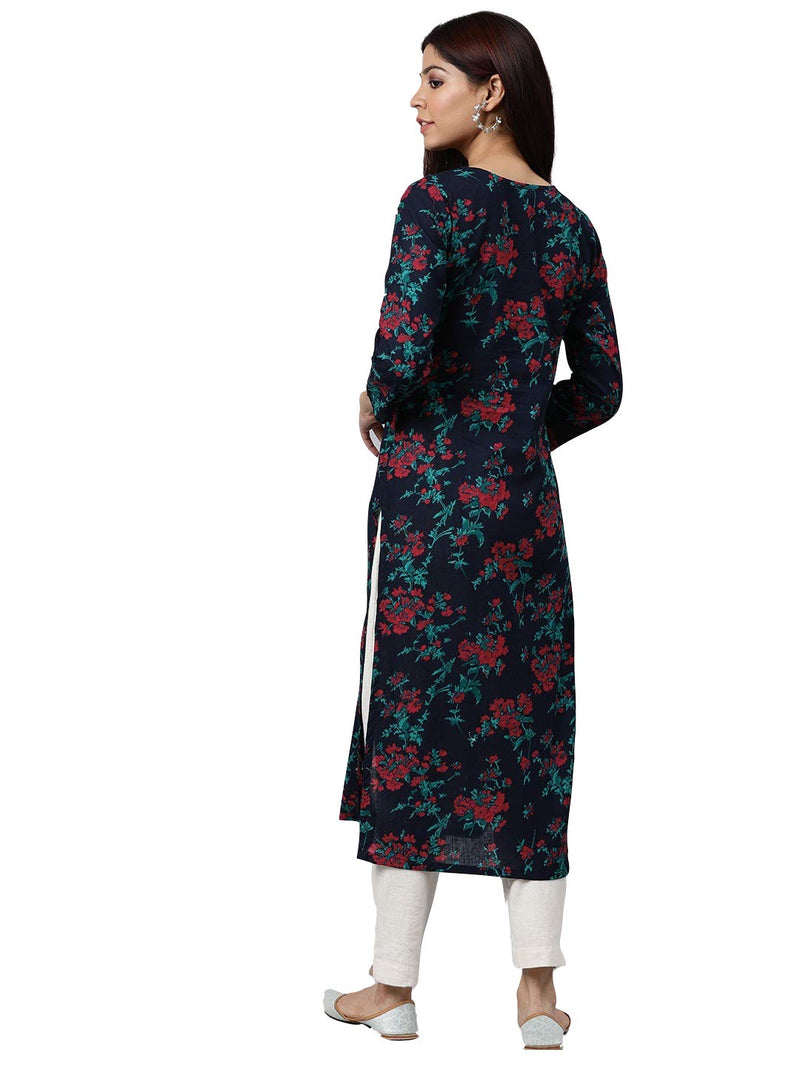 Vaamsi Women's Cotton Blend Floral Printed Straight Kurta (VCK1066G_Blue_XXL)