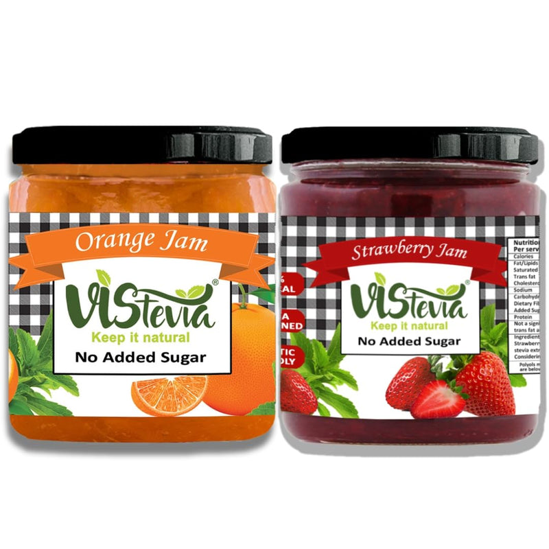 Vistevia Sugar Free Strawberry and Orange Jam, Diabetic and Keto Friendly - Sweetened Naturally with Stevia, More Than 60% Fruit Content - Tastes Delicious - Pack of 2 (220*2 GM)