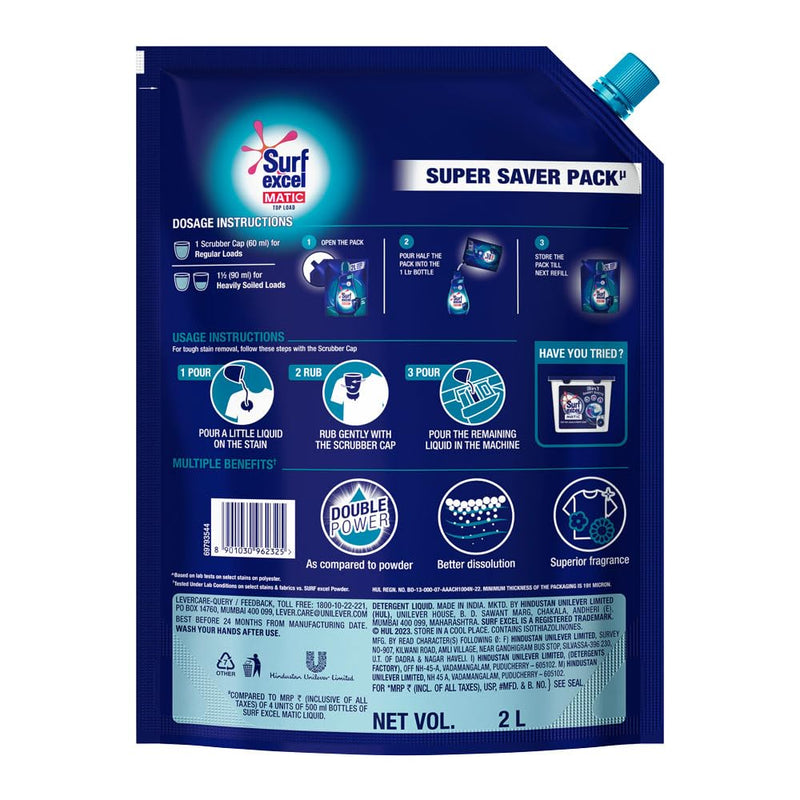 Surf Excel Matic Liquid Detergent Top Load Pouch 2l