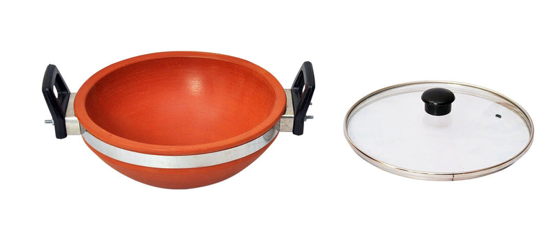 Vedic Amrit Clay Kadai with Handle and Glass lid for Cooking on Gas Unglazed and Non Coated Hand Crafted Terracotta Earthen Pot (3 Liter, Red)