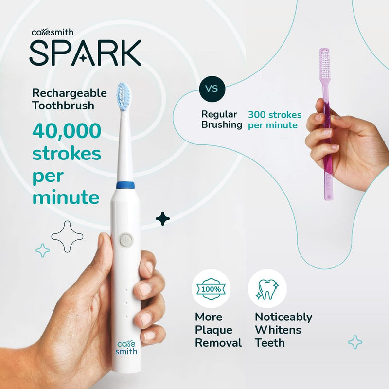 Caresmith Spark Rechargeable Electric Toothbrush | 6 Operating Modes | 40000 Vibrations per Minute | 2 Brush Heads (White)