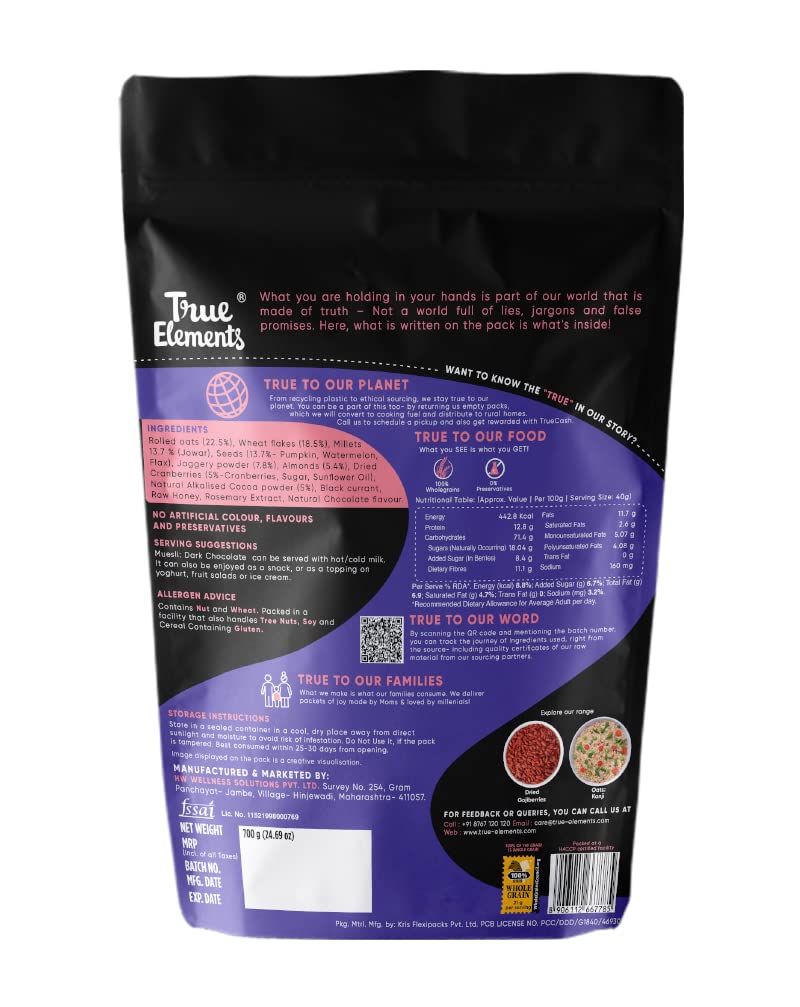 True Elements Dark Chocolate Muesli 700gm - With 13% Millets, 19% Nuts & Seeds | Clean Protein | 100% Wholegrain Cereal