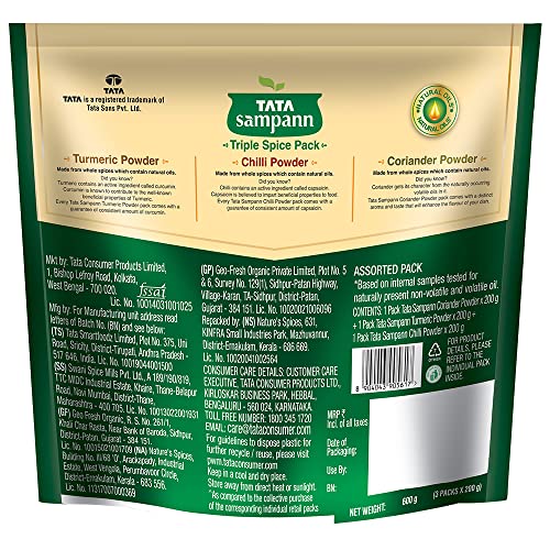 Tata Sampann Triple Spice Pack | Chilli Powder 200g| Turmeric Powder 200g | Coriander Powder 200g | Monthly Value Pack | 600g