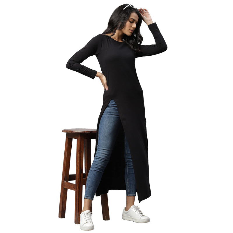 RIGO Women Black Cotton Front Slit Round Neck Maxi Full Sleeve Top