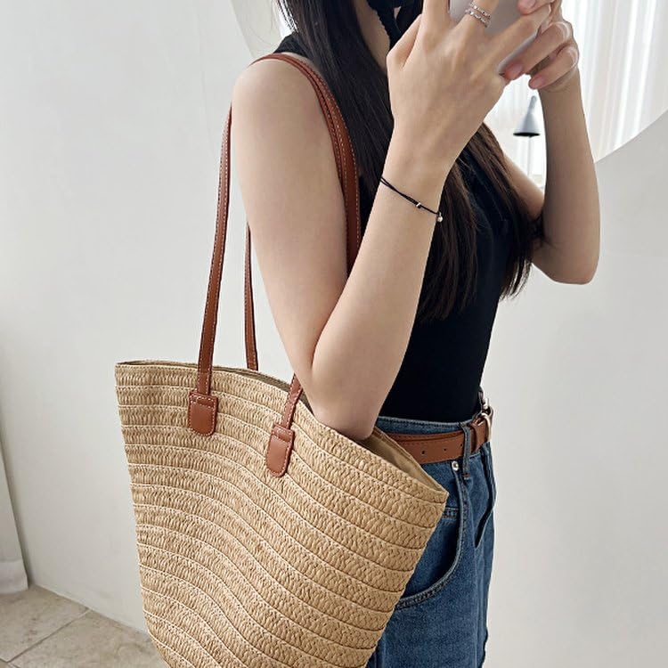 MAIRO LIFESTYLE Straw Wicker Handmade Boho Summer Beach Shoulder Bag (Classic Beige) (Brown 2)