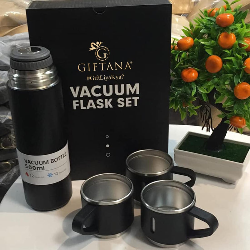 Giftana Diwali Corporate Gift Items for Employees/Vacuum Flask Gift Set with Cup/Vacuum Insulated Double Wall Stainless Steel Bottle with Cup for Coffee Hot Drink & Cold Drink Water 500 ml (Black)