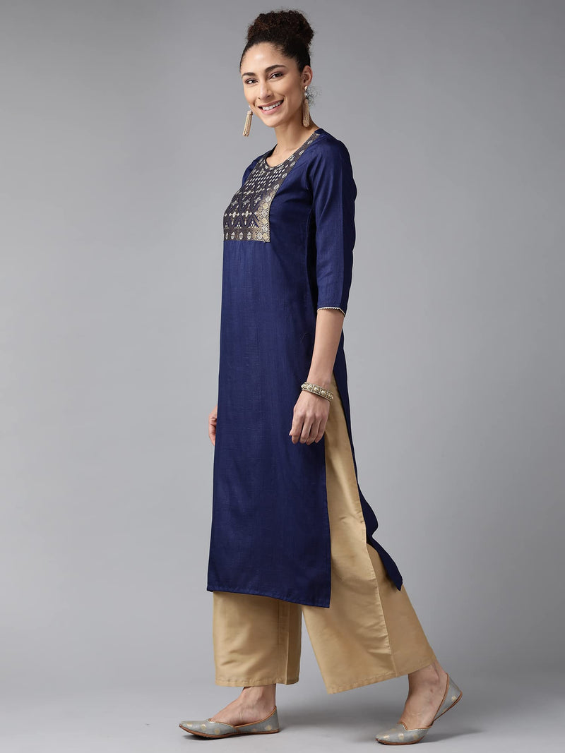 INDO ERA Women's Yoke Design Polyester Calf Length Straight Kurta (KT9NB2753_Navy Blue_Small)