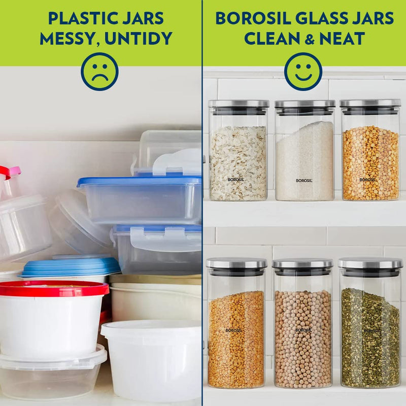 Borosil Classic Glass Jar, Air-Tight Storage Container For Kitchen, Glass Jar For Storing Spices, 600 ml, Clear