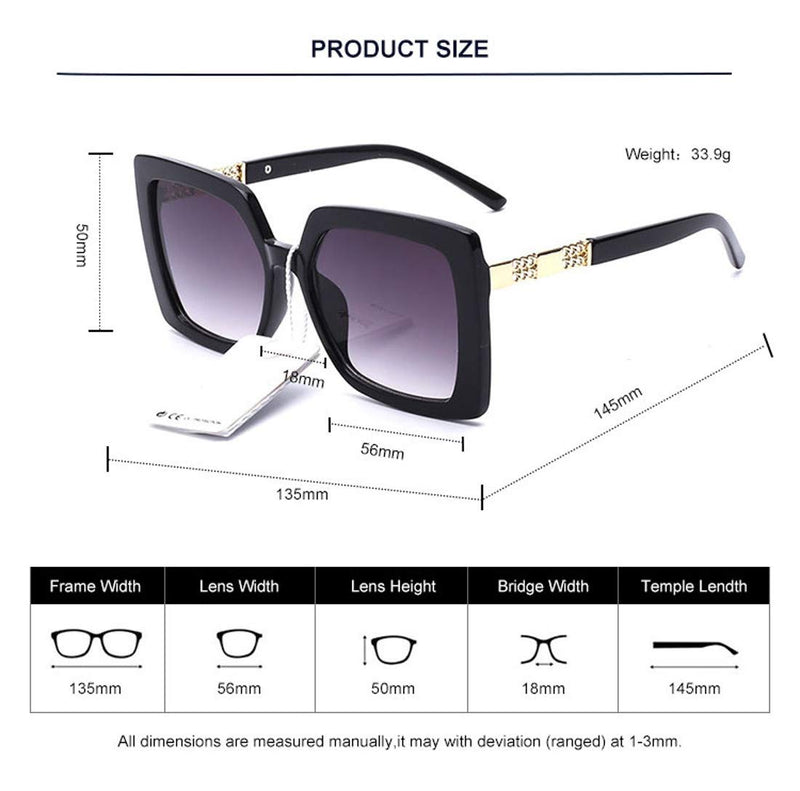 ELEGANTE Jewel-Detail Frames Square Oversized Polarization Sunglasses For Women (Black)