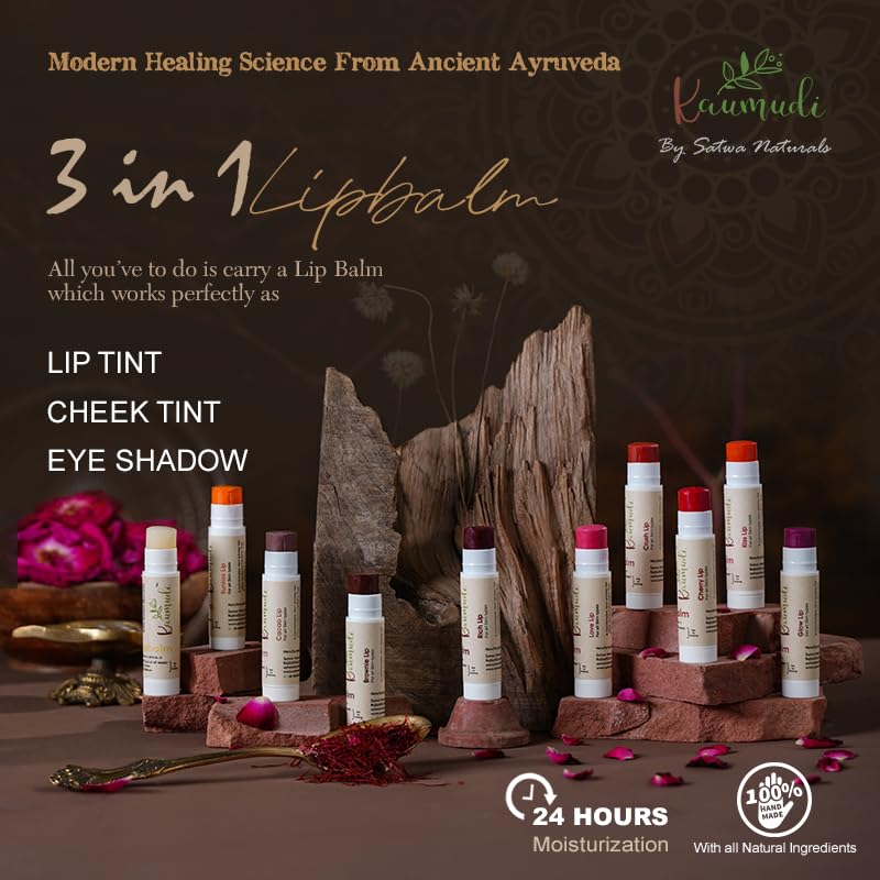 Kaumudi Handmade & 100% Natural 3in1 Lip Balm (Lip Tint | Cheek Tint | Eye Shadow) made with Rose & Saffron Essential oil | Best for Dry, Damaged & Chapped Lips | Hydrates & Moisturizes (Cherry Lip)