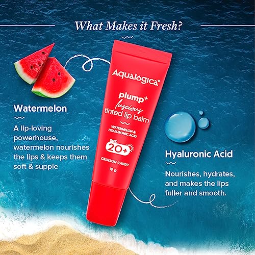 Aqualogica Plump+ Luscious Tinted Lip Balm for Men & Women - Lip Mask for Dry, Dark & Pigmented Lips with Watermelon & Hyaluronic Acid -10g (Crimson Candy)
