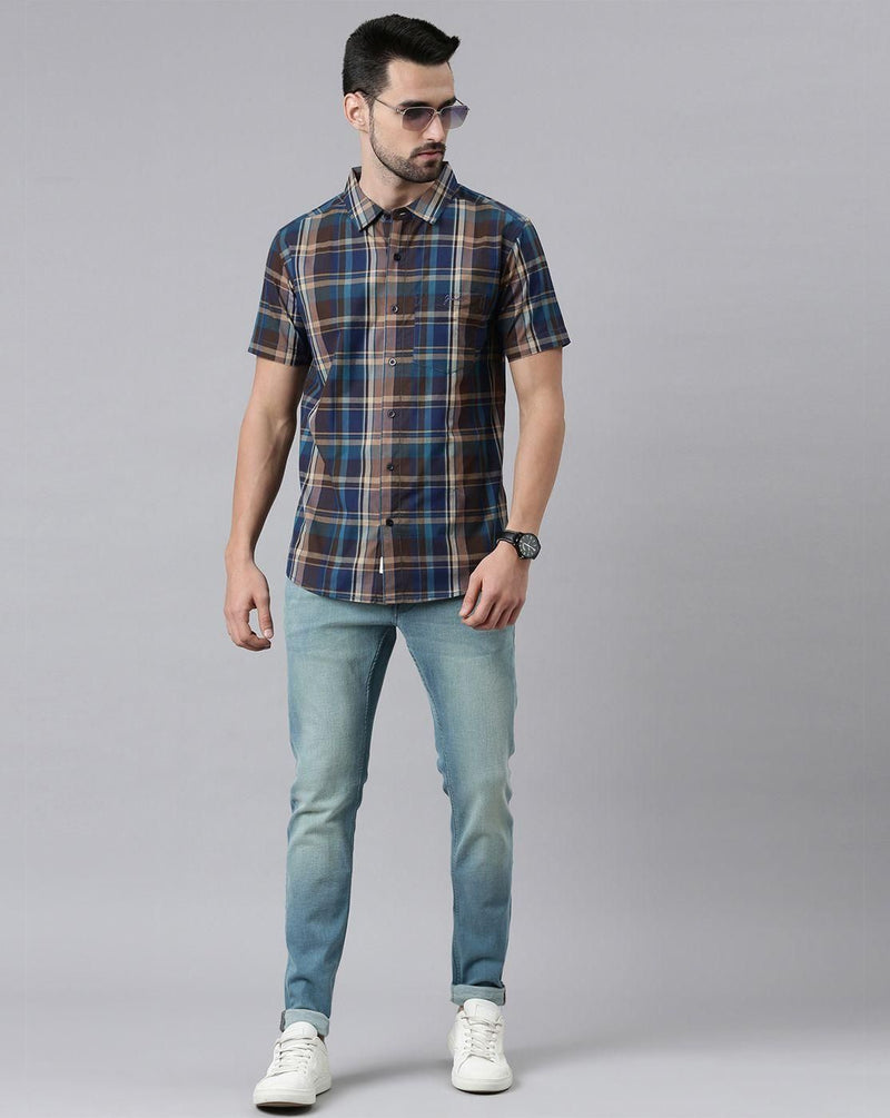 Joven Cotton Checks Half Sleeves Slim Fit Mens Casual Shirt