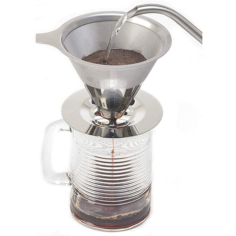 HASTHIP® Pour Over Coffee Dripper-Stainless Steel Reusable Drip Cone Coffee Filter-Paperless Metal Fine Mesh Strainer Coffee Brewer-Coffee Maker 1-6 Cup With Non-slip Cup Stand and Cleaning Brush