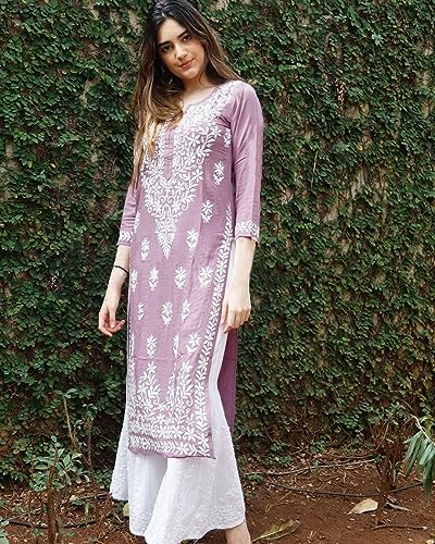 ANNI DESIGNER Women's Cotton Blend Straight Chikankari Embroidered Kurta (Victoria Purple_S_Purple_Small)