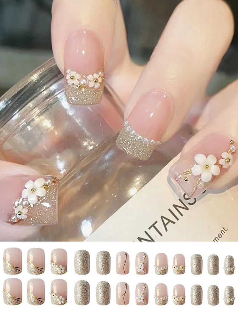 Secret Lives acrylic fake reusable false artifical press on nails translucent pink color with silverish golden glitter 3D flowers and pearl design 24 pieces with kit