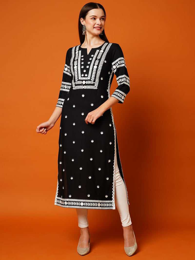 ANNI DESIGNER Women's Cotton Blend Straight Chikankari Embroidered Kurta (STHO-Black-GRT_L_Black_Large)