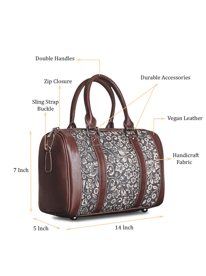 ZOUK Black and Beige Floral Design Vegan Leather Handmade Women's Handbags with double handles and detachable Sling Strap - FloMotif