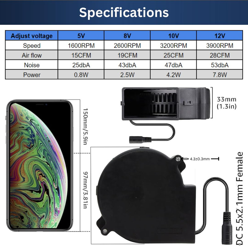 PGSA2Z 97 x 33 mm 12V Blower Fan Dual Ball 110V - 220V High Airflow Variable Speed Controller with AC Plug for Inflatable Replacement or DIY Cooling Ventilation Exhaust Projects