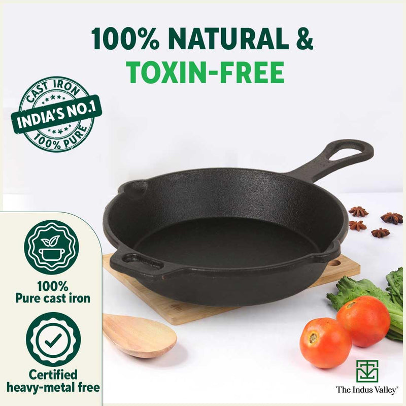 The Indus Valley Pre-Seasoned Cast Iron Cookware Set + Free Iron Tadka Pan | Tawa(30.2cm)+ Kadai(25.4cm/2.3L)+ Fry pan(23cm/1.4L) | Kitchen Cooking Combo Pots and Pans Set of 4Pcs | Naturally Nonstick