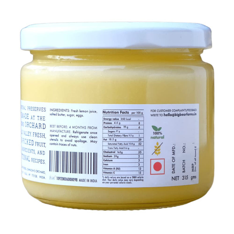 Big Bear Farms Lemon Curd Dessert Spread, 100% Natural, No Artificial preservatives, Homemade in Himachal, 315 Grams, Pack of 1