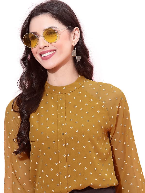 SIRIL Women's Georgette Printed Causal Wear Regular Fit Top(362TK7051-S_Musterd Yellow)